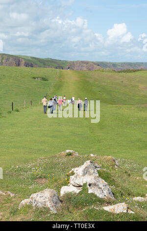Familien Wandern entlang der Pembrokeshire Coast Path zwischen Barafundle Bucht und Aufbau Kai, Wales, Großbritannien Stockfoto