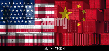 China US-Business Konzept wie eine chinesische USA Tarif Krieg und Amerikanischen Tarife als zwei gegensätzliche Gruppen von Cargo Container als wirtschaftlicher. Stockfoto