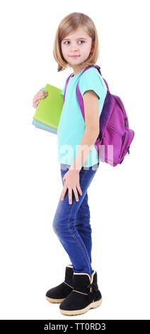 Schöne Mädchen mit Rucksack holding Bücher isoliert auf weißem Stockfoto