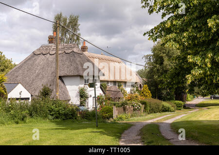 Wunderschöne reetgedeckte Hütten im Dorf East Grafton, Wiltshire, England, Großbritannien Stockfoto