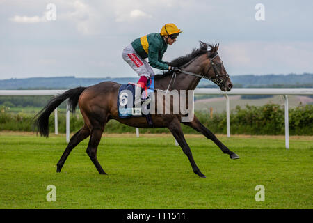 Frankie Dettori Galopp bis zum Beginn der nächsten Rennen in Goodwood Rennstrecke auf der South Downs in West Sussex. Stockfoto