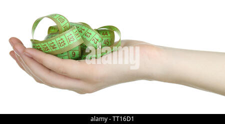 Frau hand mit Maßband isoliert auf weißem Stockfoto