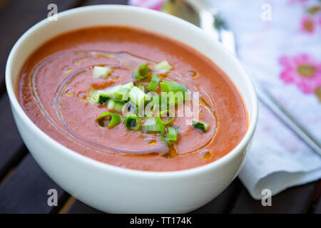 Traditionelle spanische vegan Gazpacho präsentiert auf einem Holztisch mit Olivenöl und frischen gehackten Gurken und Schalotten Stockfoto