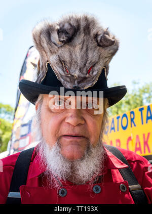 Pioneer Tage kleine Stadt jährliche Feier in North Central Florida. Mann mit einzigartigen Fuchs Fell bedeckt hat. Stockfoto