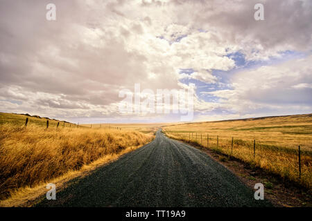 Abnehmende Perspektive einer ländlichen Landstraße durch Ranch Weideland in hohen braunen Gras bedeckt und Stacheldraht Zäune mit Wolken über Stockfoto