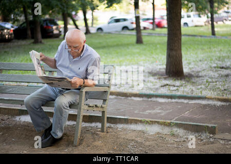 Moskau, Russland - Juni 5, 2019 Ein älterer grauhaariger Mann aufmerksam liest eine Zeitung, während auf einer Bank im Park sitzen. Stockfoto