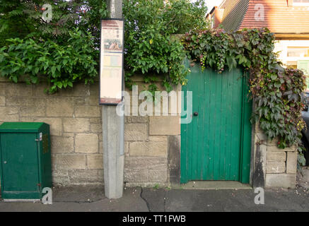 Grüne Tür, Bushaltestelle, green box, und Mauer auf der Straße im Morningside, Edinburgh, Schottland Stockfoto