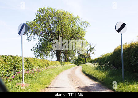 Zwei nationale Geschwindigkeitsbeschränkungen rittlings auf einer von Bäumen gesäumten Straße im Sommer Stockfoto