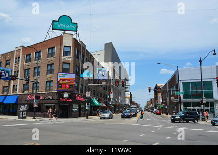 Der Schnittpunkt von Clark, Diversey, und Broadway bilden die Grenze zwischen dem Lincoln Park und Lakeview Nachbarschaften von Chicago Stockfoto