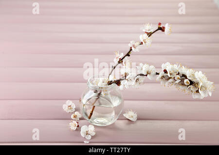 Schöne Aprikosen blühen in transparenten Glas auf Holz- Hintergrund Stockfoto