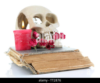 Schädel mit getrockneten Rosen auf altes Buch und Kerze isoliert auf weißem Stockfoto