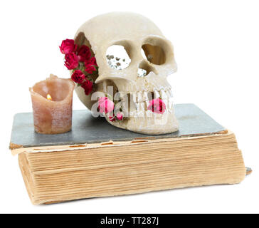 Schädel mit getrockneten Rosen auf altes Buch und Kerze isoliert auf weißem Stockfoto