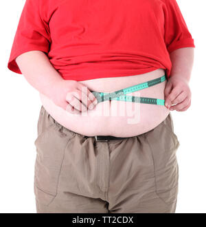 Fat Man holding Maßband. Konzeptionelle Foto von Gewichtsverlust. Auf weiß Isoliert Stockfoto