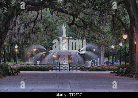 Ansicht des Forsyth Park Brunnen durch Dschungelmoos behangen Eichen bei Dämmerung, Savannah, Georgia Stockfoto