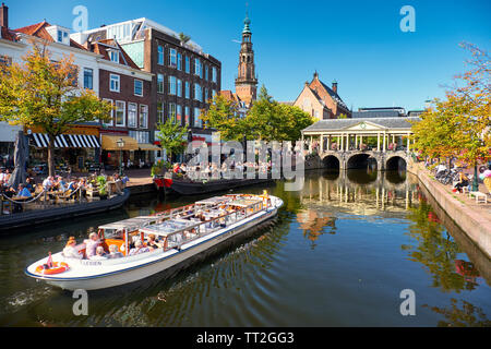 Tour Boot vorbei segeln auf einem Kanal, Leiden, Niederlande Stockfoto