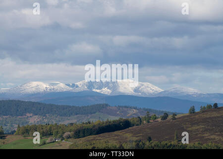 Ein Blick in Richtung Lochnagar im Cairngorms Nationalpark, mit einer leichten Schneedecke an einem Frühlingstag Stockfoto