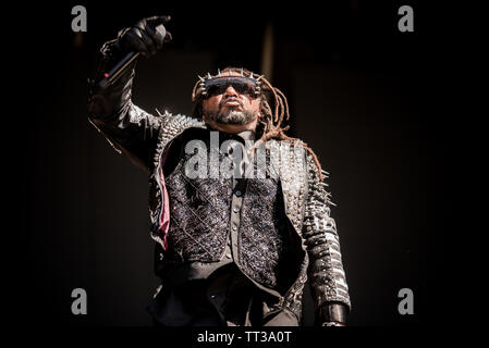 Benji Webbe, Sänger der britischen Rockband Skindred, live auf der Bühne des Firenze Rocks Festival 2019 in Florenz, Italien, Öffnung für die Stockfoto