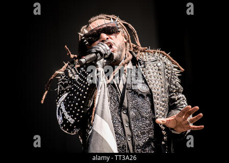 Benji Webbe, Sänger der britischen Rockband Skindred, live auf der Bühne des Firenze Rocks Festival 2019 in Florenz, Italien, Öffnung für die Stockfoto