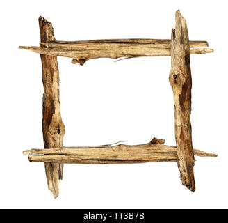 Rahmen mit alten Stücken Holz auf weißem Hintergrund Stockfoto