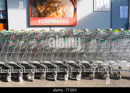 Einkaufswagen außerhalb der Foodworks Supermarkt Hallidays Punkt (Schwarz) Village Shopping Center in der Mitte der Nordküste von NSW, Australien Stockfoto