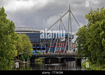 Fluss Taff in Bute Park mit dem Fürstentum Stadion sehen in der Ferne, Cardiff, Wales, UK. Mittwoch 12. Juni 2019 Stockfoto