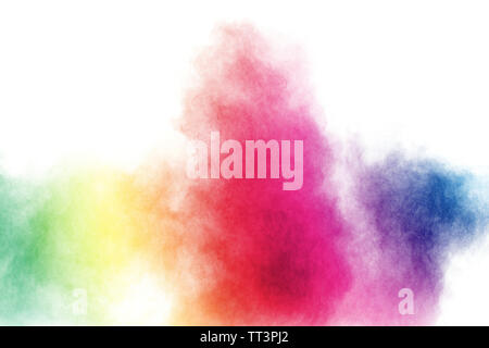 Abstrakte Bunte Pulver Explosion auf weißem Hintergrund. Freeze Motion von Staubpartikeln Splash. Malte Holi. Stockfoto
