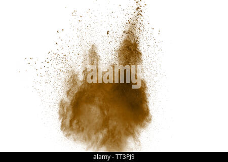 Abstrakte dunkelbraun Staubexplosion auf weißem Hintergrund. Freeze Motion von Kaffee mochte Farbe Staub Splash. Stockfoto