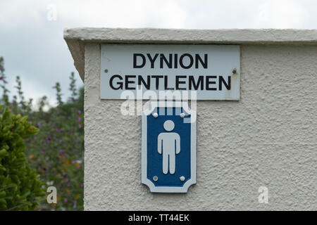 Die walisische Sprache Zeichen für öffentliche Toiletten in Wales. Herren oder Damen WC - dynion Stockfoto