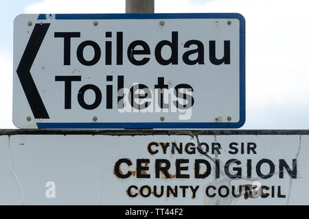 Die walisische Sprache Zeichen für öffentliche Toiletten - toiledau, Ceredigion, Wales Stockfoto