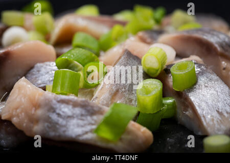 Schichten von gesalzenem Fleisch ohne Knochen, die in der Wildnis gefangen Atlantischer Hering garniert mit gehackten Frühlingszwiebeln Frühlingszwiebeln. Schwarz Naturstein Hintergrund. Clupea harengus festgelegt. Stockfoto