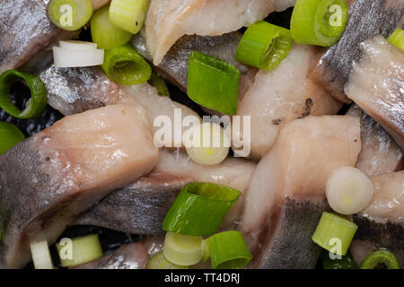 Schichten von gesalzenem Fleisch ohne Knochen, die in der Wildnis gefangen Atlantischer Hering garniert mit gehackten Frühlingszwiebeln Frühlingszwiebeln. Schwarz Naturstein Hintergrund. Clupea harengus festgelegt. Stockfoto