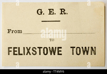 Vintage Great Eastern Railway Kofferanhänger nach Felixstowe Stadt Stockfoto