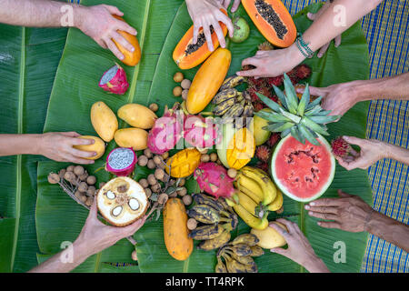 Tropische Früchte auf grüner Banane Blätter und Menschen die Hände. Eine Gruppe von Freunden, die gerne gut essen, genießen die Party und Kommunikation. Mango, Papaya, Stockfoto