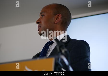 Vince Cable und Siobhan Benita Willkommen ehemalige Arbeits- und Ändern UK MP Chuka Umunna wie er Mängel der Liberaldemokraten (Lib Dems) Stockfoto