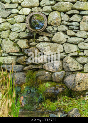 Ein Abflußrohr in einem traditionellen Steinmauer im Lake District Stockfoto