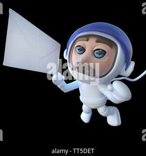 3D-Render eines lustigen Cartoon spaceman Astronaut Charakter jagt eine Meldung im Raum Stockfoto