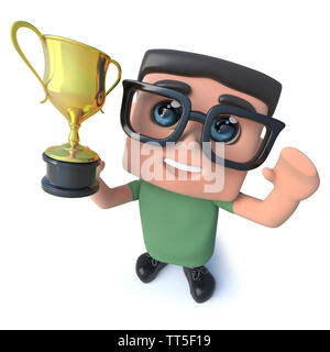 3D-Render eines lustigen Cartoon Computerfreak Charakter mit einem Gold Cup Trophäe Preisverleihung im Triumph Stockfoto