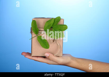 Weibliche Hand, die eine natürliche Stil handgefertigten Geschenkbox mit frischen Blättern und rustikalen Garn, auf farbigem Hintergrund Stockfoto