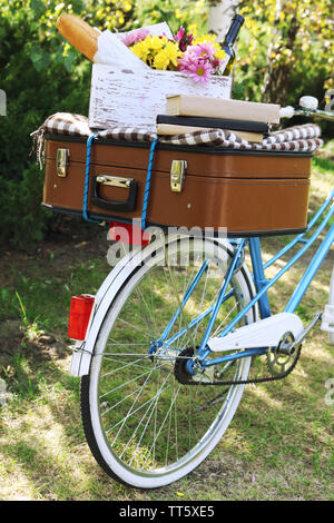 Fahrrad- und braunen Koffer mit Picknick im Schatten in Park Stockfoto