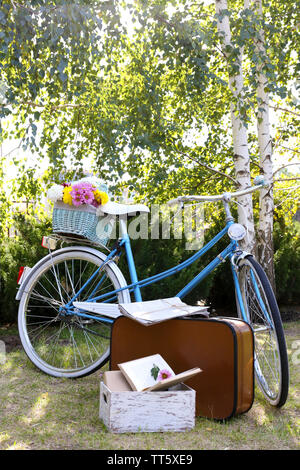 Fahrrad- und braunen Koffer mit Picknick im Schatten in Park Stockfoto