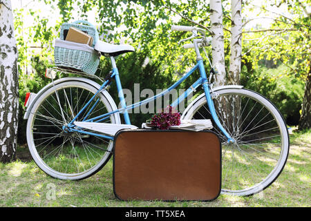 Fahrrad- und braunen Koffer mit Picknick im Schatten in Park Stockfoto