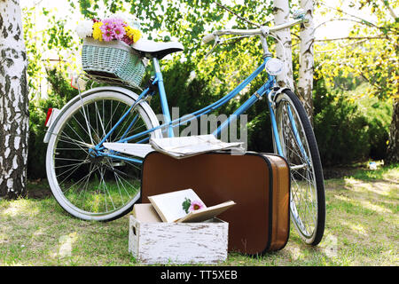 Fahrrad- und braunen Koffer mit Picknick im Schatten in Park Stockfoto