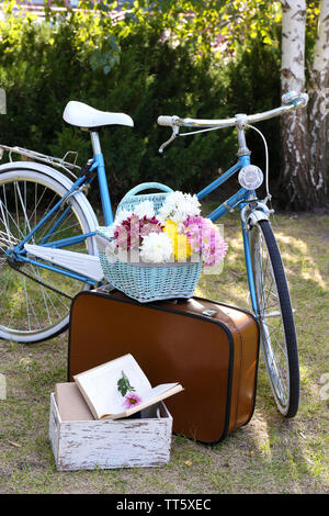 Fahrrad- und braunen Koffer mit Picknick im Schatten in Park Stockfoto