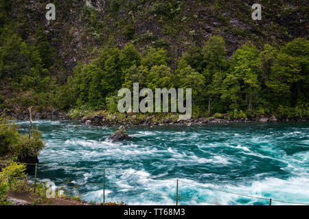 Türkisfarbene Wasser des Flusses Petrohue im Patagonia Region der Anden in Chile, in seinem Ursprung sind die Petrohue Wasserfälle. Stockfoto