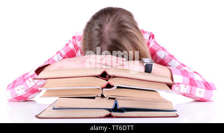 Mädchen schlief für Bücher isoliert auf weißem Stockfoto