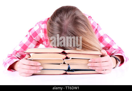 Mädchen schlief für Bücher isoliert auf weißem Stockfoto