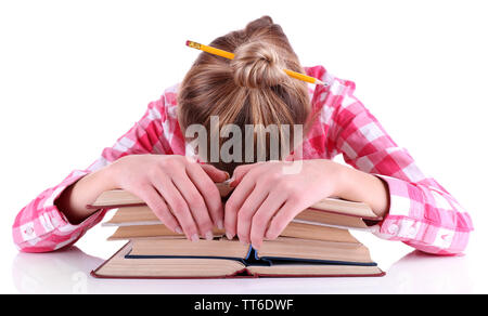 Müde Mädchen mit Bücher isoliert auf weißem Stockfoto