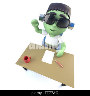 3D-Render eines lustigen Cartoon Halloween frankenstein Monster winkend hinter einem Schreibtisch Stockfoto