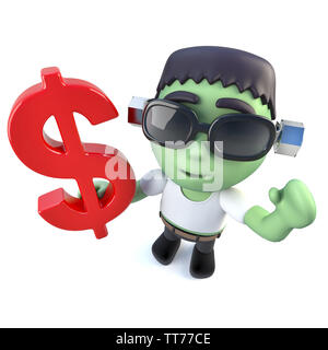 3D-Render eines lustigen Cartoon Halloween frankenstein Monster hält ein US Dollar Währung Symbol Stockfoto