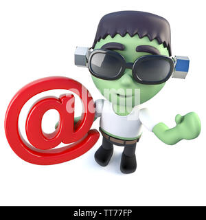 3D-Render eines lustigen Cartoon Frankenstein monster Holding eine E-Mail-Adresse ein Symbol Stockfoto